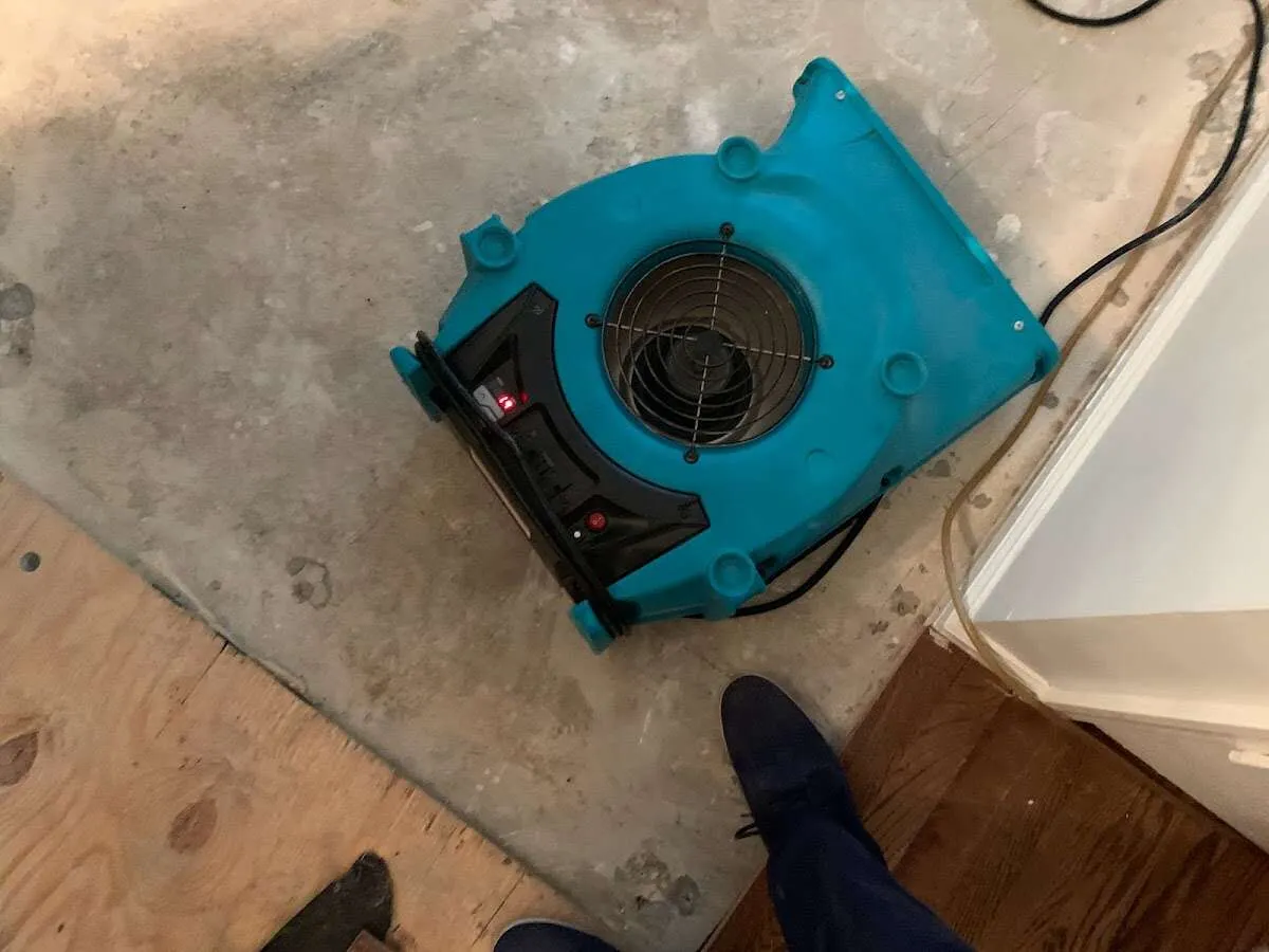 Air mover drying subfloor during Commercial Water Damage Restoration in Moscow